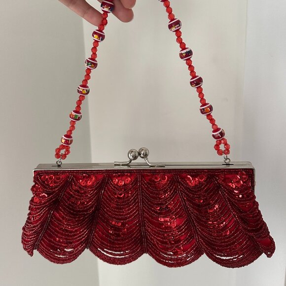 Beaded Scalloped Red Sequin Cocktail Clutch Evening Bag - Picture 1 of 3